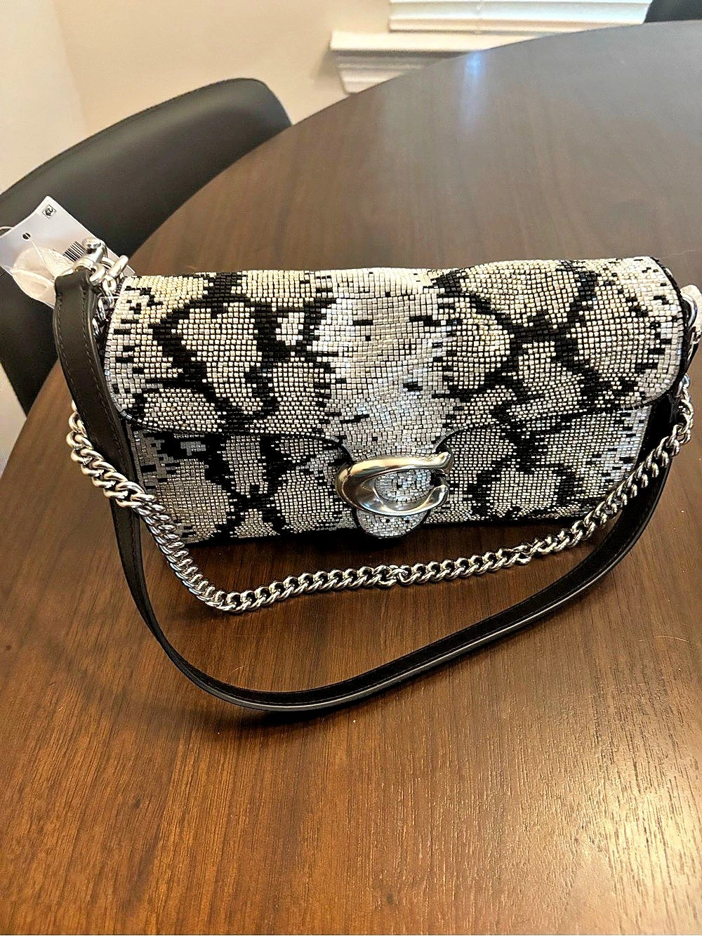 Coach Beaded Snake Tabby 26 Shoulder Bag in Black & Silver NWT